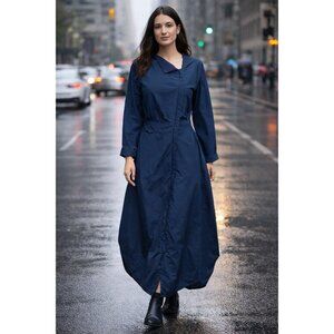 Kim Schalk Womens Raincoat Dress Sz Medium Steel Blue Nylon Lagenlook Maxi Coat
